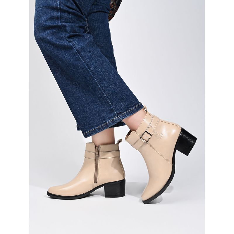 Louis Stitch Women Beige Elegant Mid Top Neck Belt Buckle Chelsea Boots (UK 7)