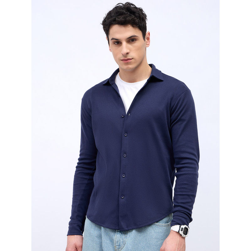 Styli Men Solid Relaxed Fit Knit Shirt Navy Blue (S)