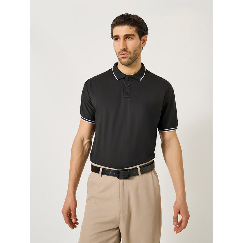 Styli Men Solid Regular Fit Contrast Tipped Detail Polo T-Shirt Black (S)