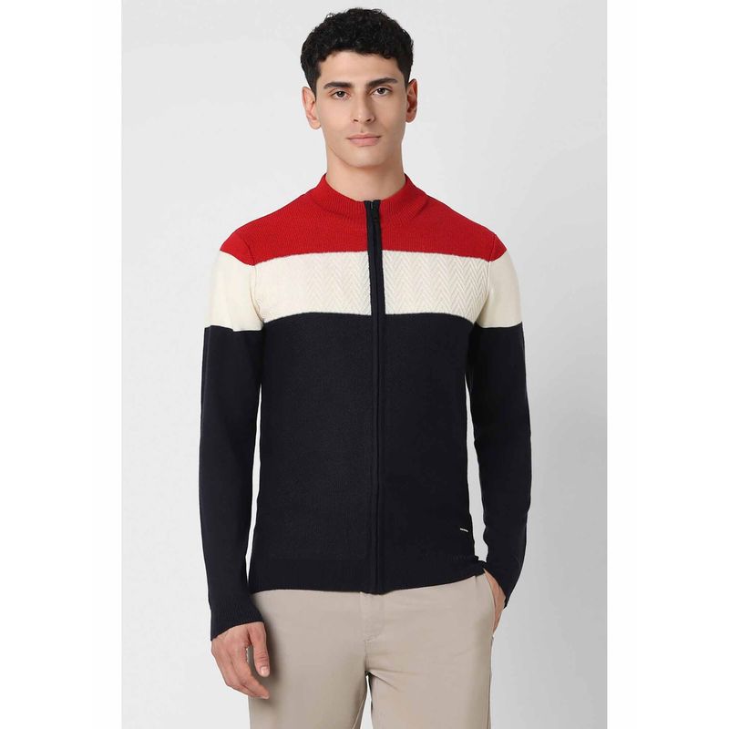 Van Heusen Men Navy Blue Colorblock High Neck Sweater (M)