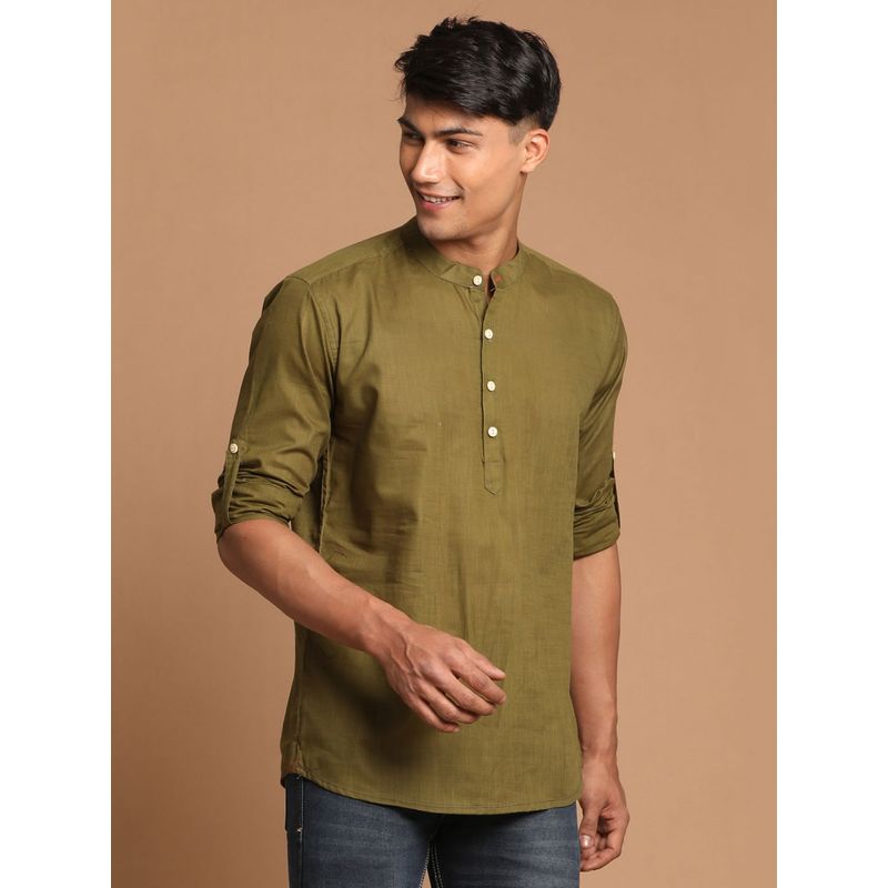 Vastramay Mens Dark Green Cotton Blend Short Kurta (M)
