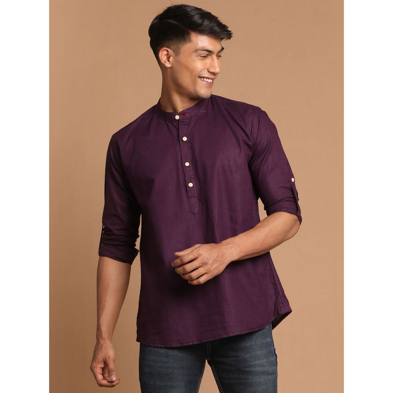 Vastramay Mens Purple Cotton Blend Short Kurta (L)