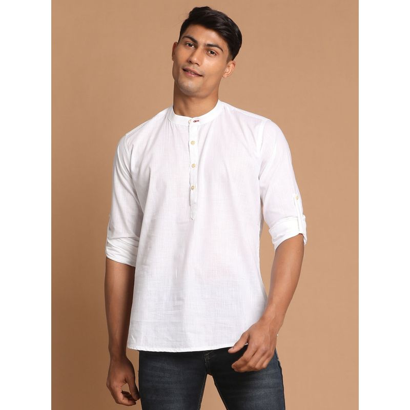 Vastramay Mens White Cotton Blend Short Kurta (S)