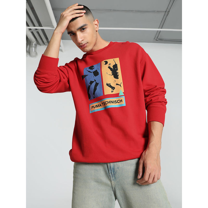 Puma GRAPHICS Technisch Men Red Relaxed Fit Crew-Neck Sweatshirt (S)