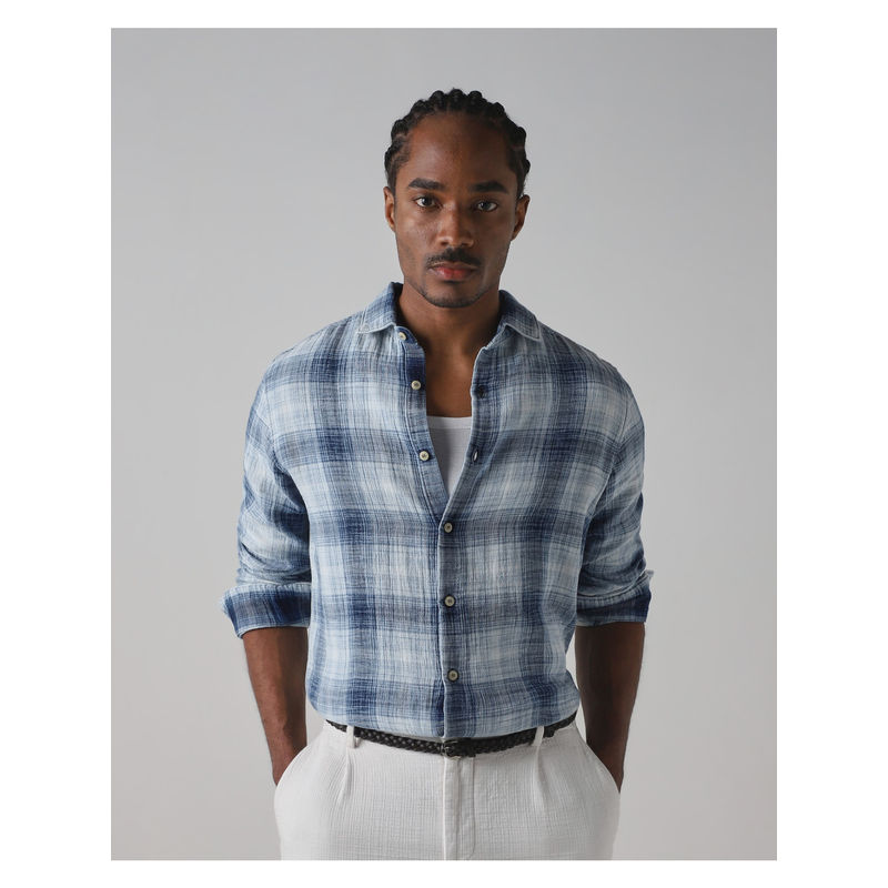 Mufti Indigo Cotton Full Sleeves Collar Neck Checks Shirt (M)
