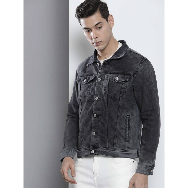 The Indian Garage Co Men Charcoal Slim Fit Solid High Neck Collar Full Sleeves Denim Jacket (S)