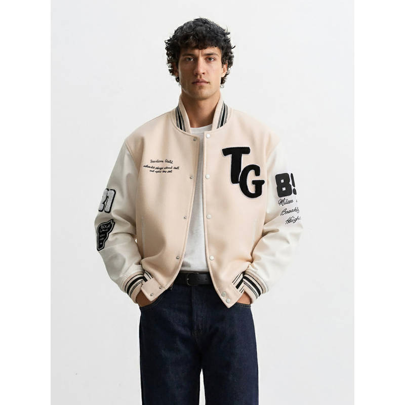 The Indian Garage Co Men Cream Regular Fit Embroided Baseball Collar Full Sleeves Jacket (M)