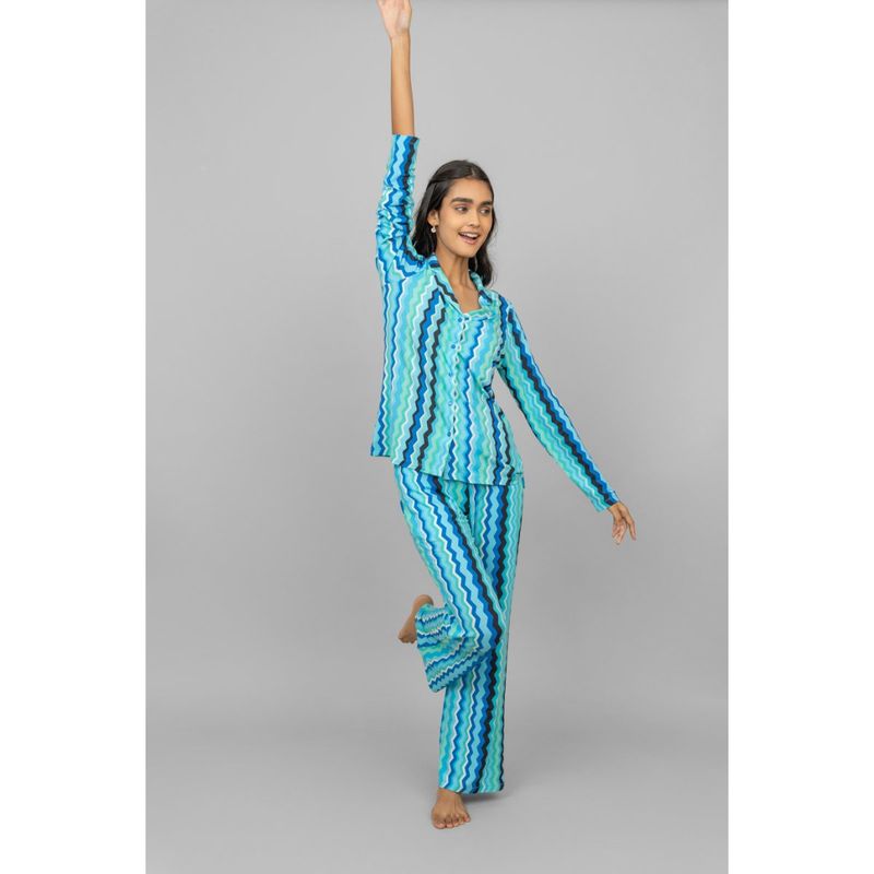 NeceSera Aqua Wave Half Sleeve Button Down Shirt with Pajama (Set of 2) (S)