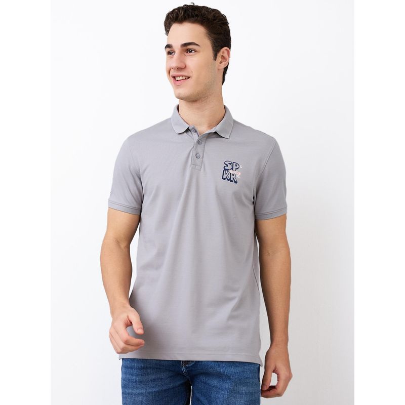 Spykar Men Grey Slim Fit Printed Half Sleeve Casual Polo T-Shirt (M)