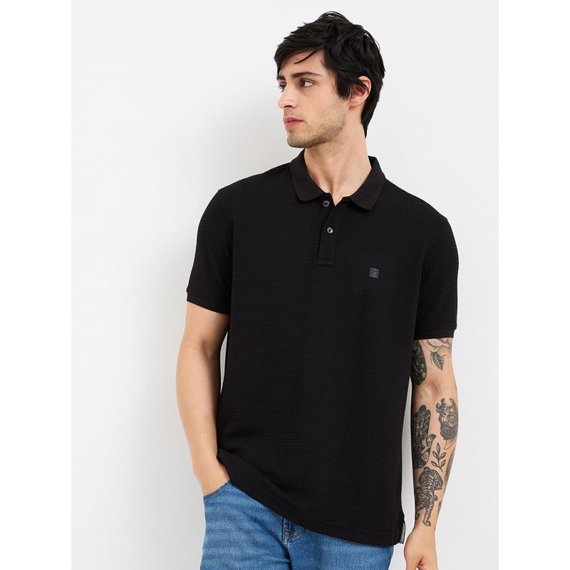 Spykar Men Black Slim Fit Textured Half Sleeve Casual Polo T-Shirt (S)