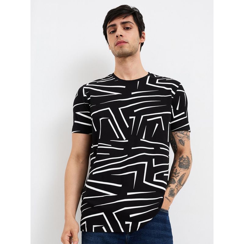 Spykar Men Black Slim Fit Printed Half Sleeve Casual T-Shirt (XL)