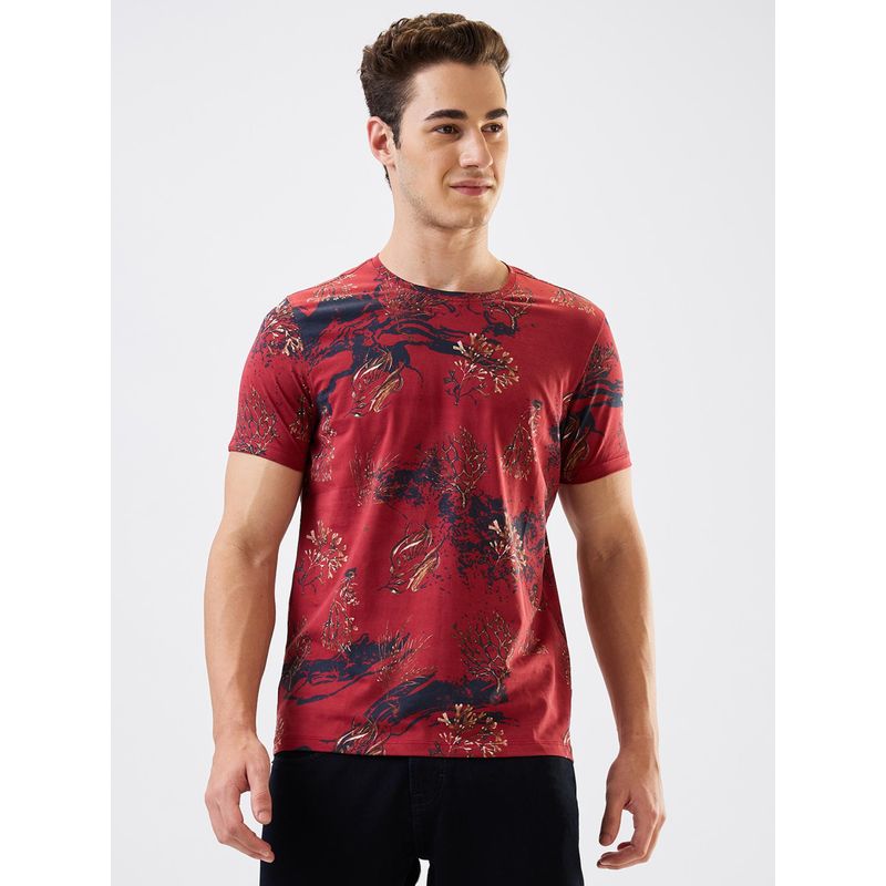Spykar Men Red Slim Fit Printed Half Sleeve Casual T-Shirt (M)
