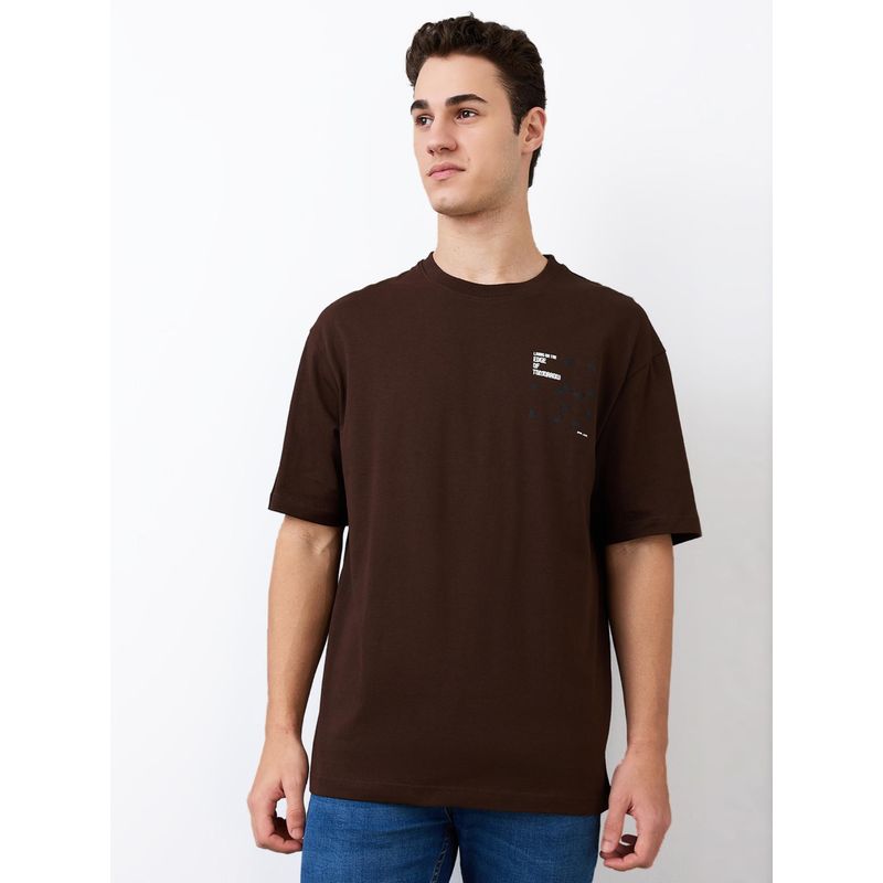 Spykar Men Brown Loose Fit Printed Half Sleeve Casual T-Shirt (XL)