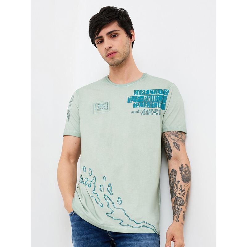 Spykar Men Green Slim Fit Printed Half Sleeve Casual T-Shirt (M)