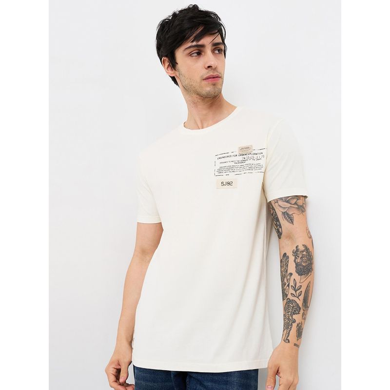 Spykar Men Off White Slim Fit Printed Half Sleeve Casual T-Shirt (XL)