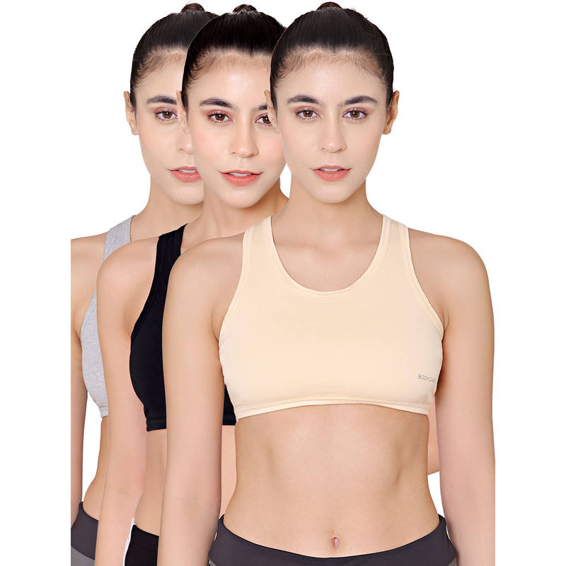 Bodycare Sports Bra In Grey-Black-Skin Color (Pack of 3) - 30B