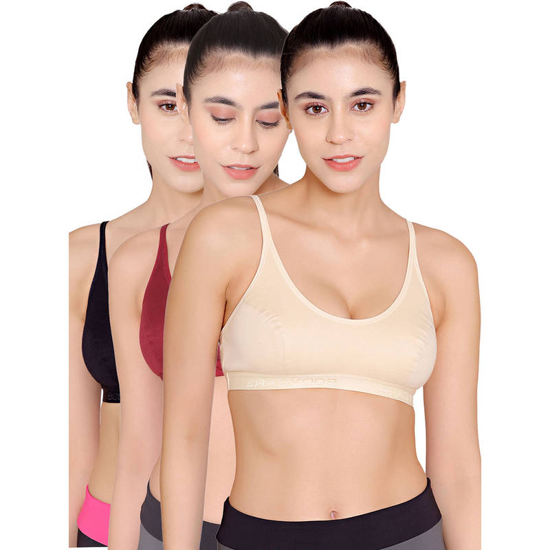 Bodycare Sports Bra In Maroon-Peach-Black Color - Pack Of 3 (34B)