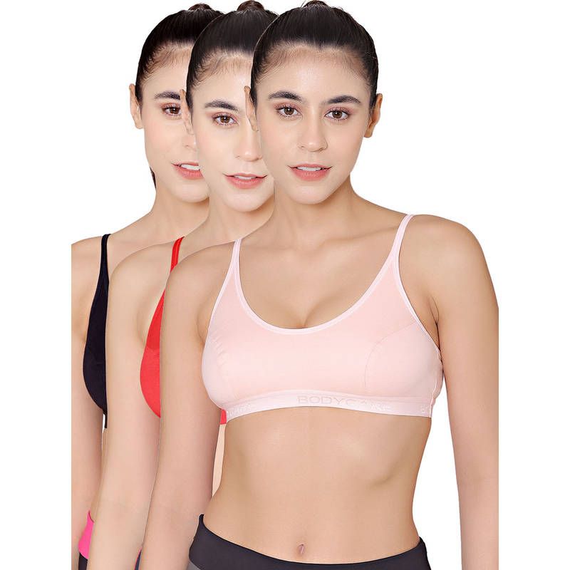 Bodycare Sports Bra In Pink-Red-Black Color - Pack Of 3 (36B)