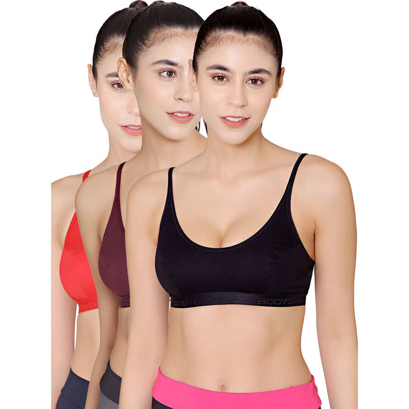 Bodycare Sports Bra In Red-Wine-Black Color - Pack Of 3 (34B)