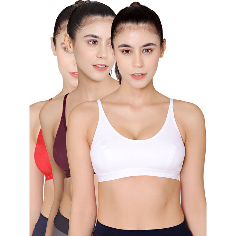 Bodycare Sports Bra In Red-Wine-White Color - Pack Of 3 (34B)