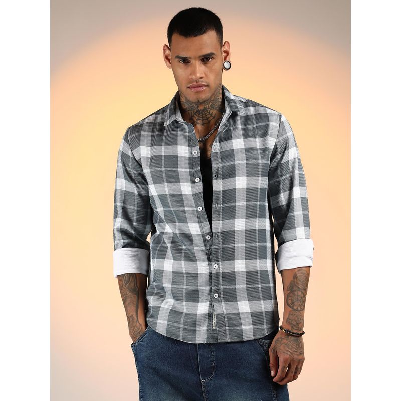 Campus Sutra Men'S Slate Grey Tartan Plaid Shirt (S)
