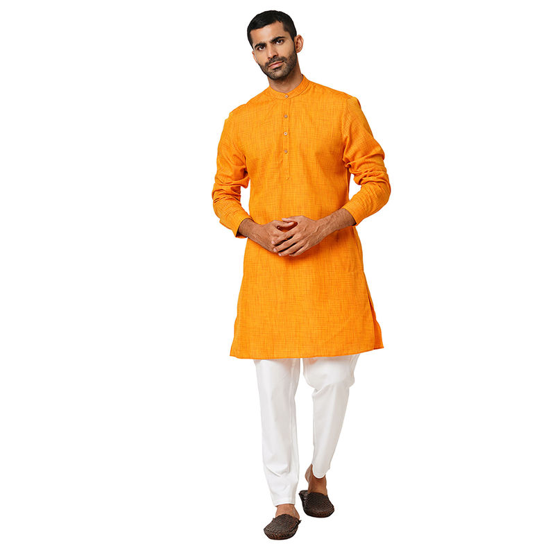 Indivisual Mens Two tone Yarn Dyed Golden Yellow Kurta (S)