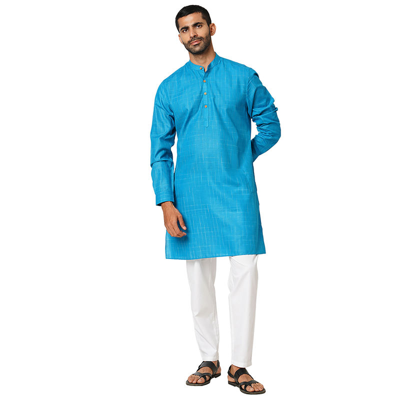 Indivisual Mens Ikat Peacock Blue Kurta (S)