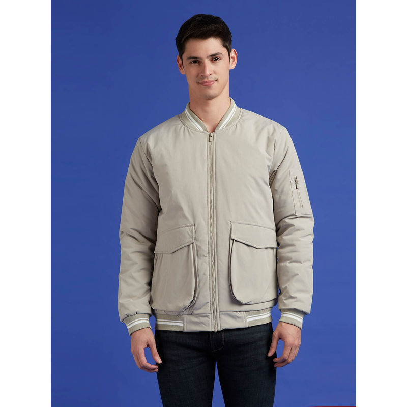 Pepe Jeans Beige Ribbed Neck Full Sleeve Jacket (M)
