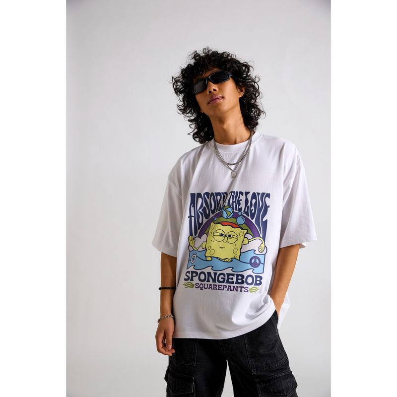 The Clothing Factory Spongebob- Absorb the Love Oversized T-Shirt-White (XS-S)