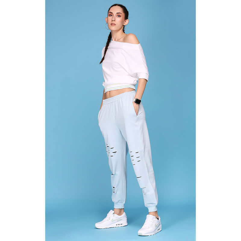 Tuna London Off Shoulder White And Light Blue Ripped Joggers Tracksuit (Set of 2) (L)