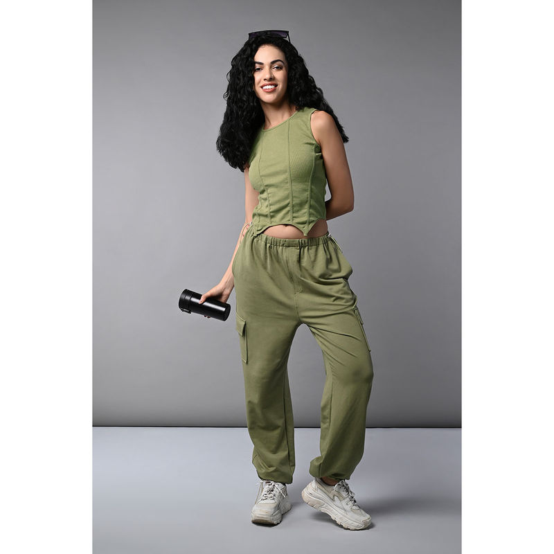 Tuna London Olive Corset Crop Top And Jogger Tracksuit (Set of 2) (M)