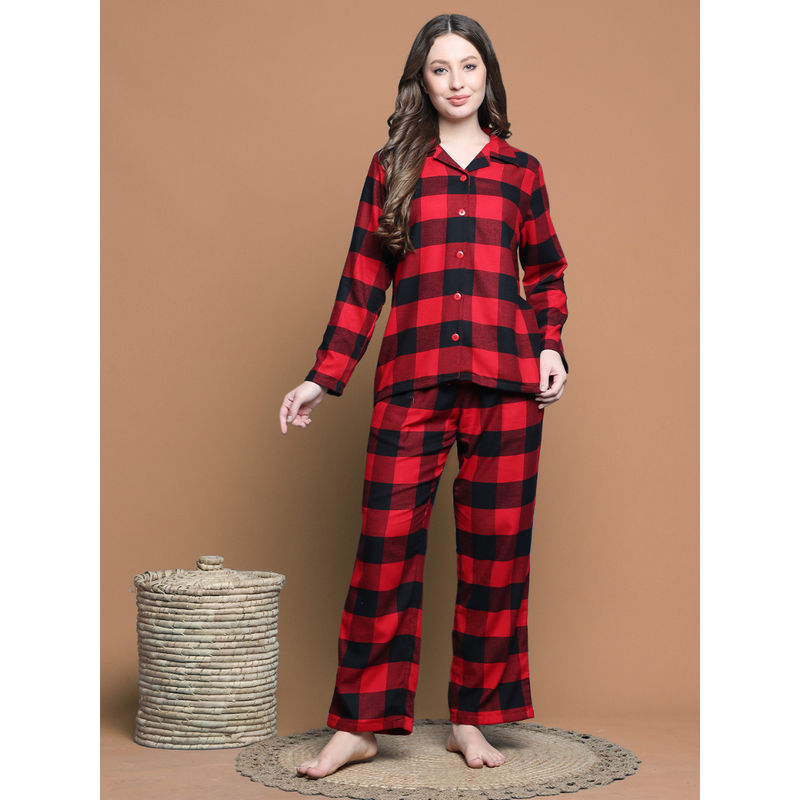 Secret Wish Red Checks Cotton Shirt with Pyjama (Set of 2) (M)
