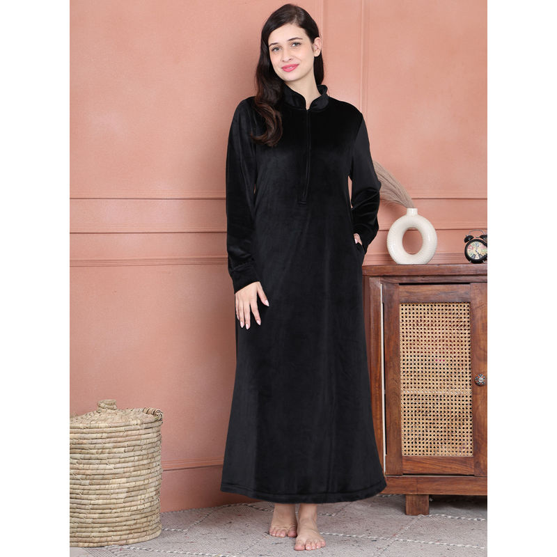 Secret Wish Black Solid Velvet Full Length Nighty (M)