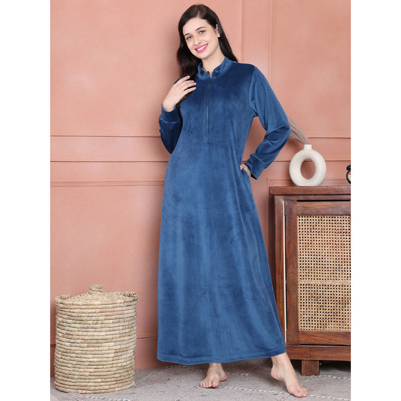 Secret Wish Royal Blue Solid Velvet Full Length Nighty (M)