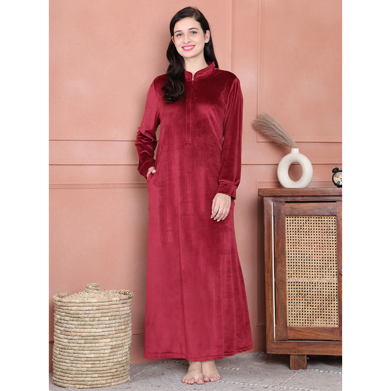 Maroon Solid Velvet Winter Nighty main image 0