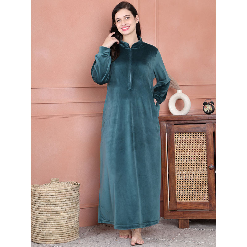 Secret Wish Teal Solid Velvet Full Length Nighty (M)