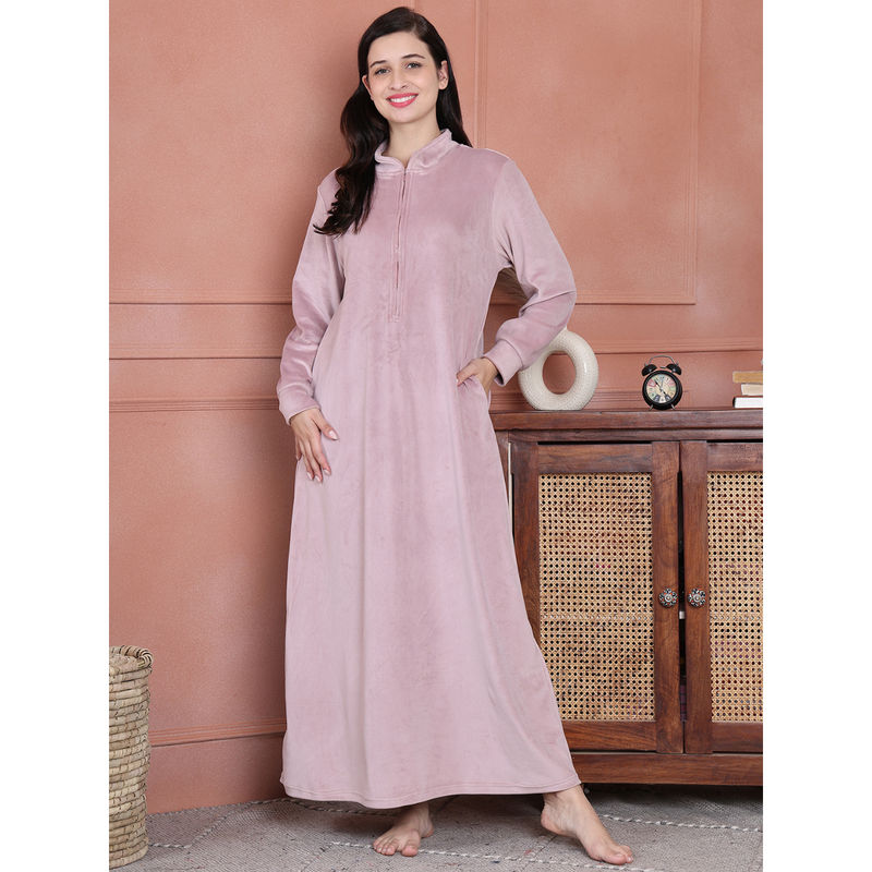 Secret Wish Pink Solid Velvet Full Length Nighty (L)
