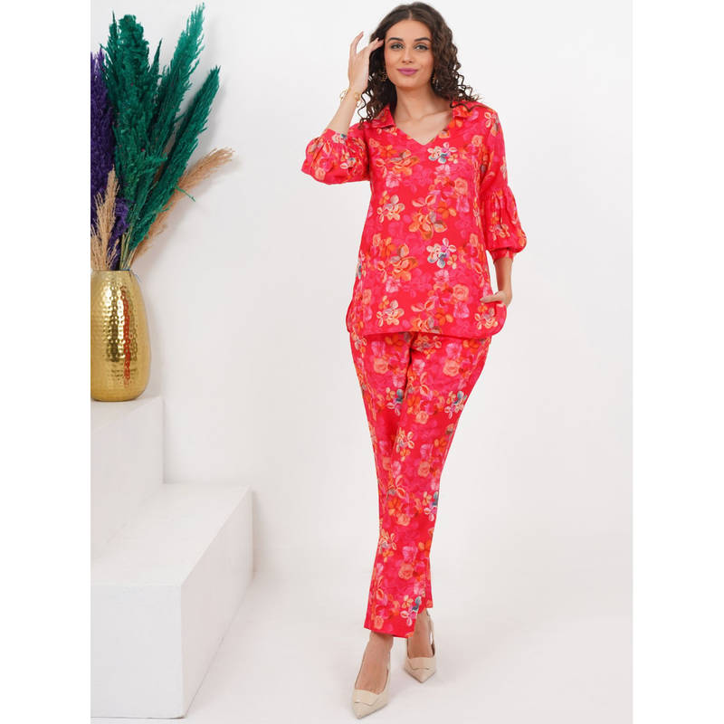 Slumber Jill Red Blooming Scarlet Floral Printed Top with Pyjama (Set of 2) (S)