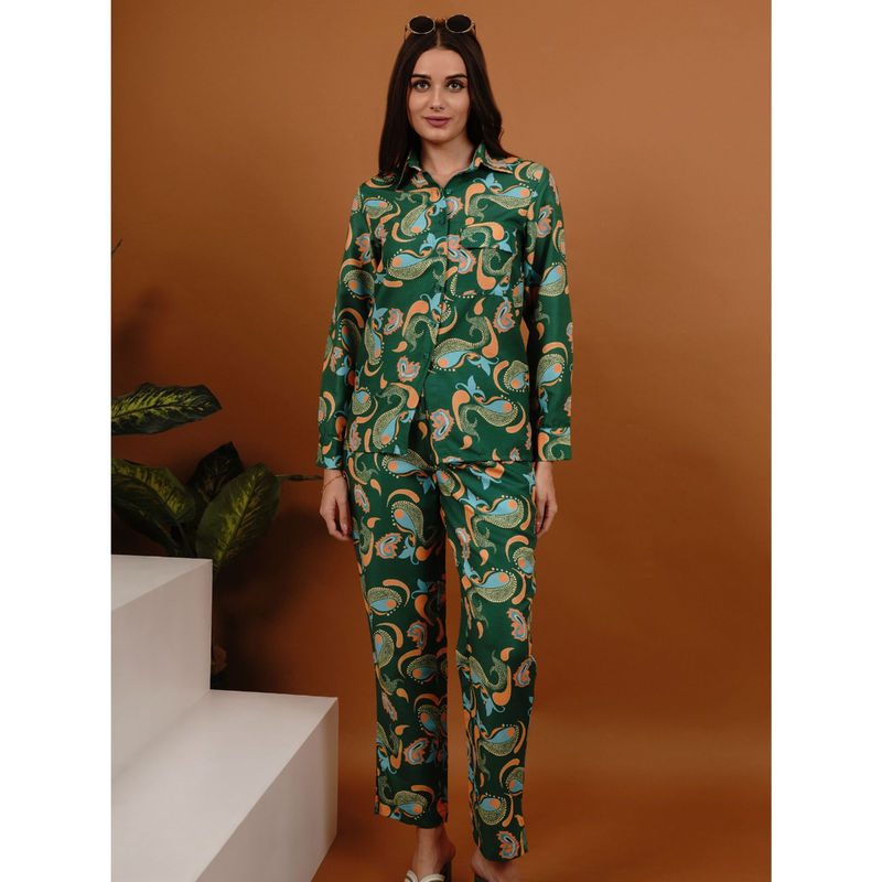 Slumber Jill Green Mystic Paisley Collared Style Pocket Shirt with Pyjama (Set of 2) (L)