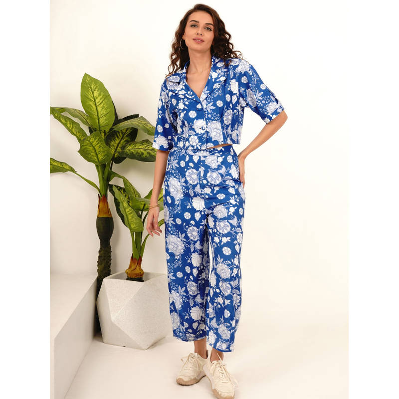 Slumber Jill Blue Floral Extended Collar Shirt with Pyjama (Set of 2) (S)