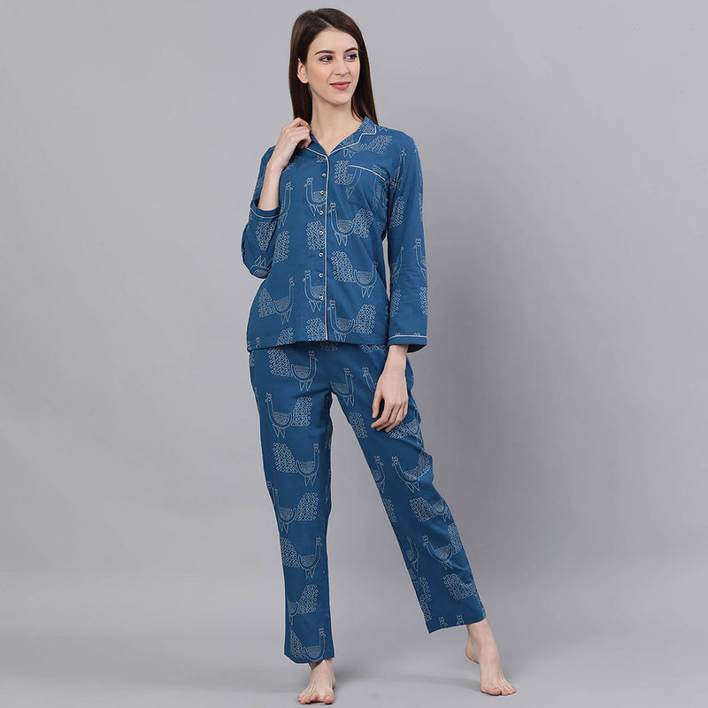 Jaipur Kurti Blue Printed Shirt With Pyjama (Set of 2) (XXL)