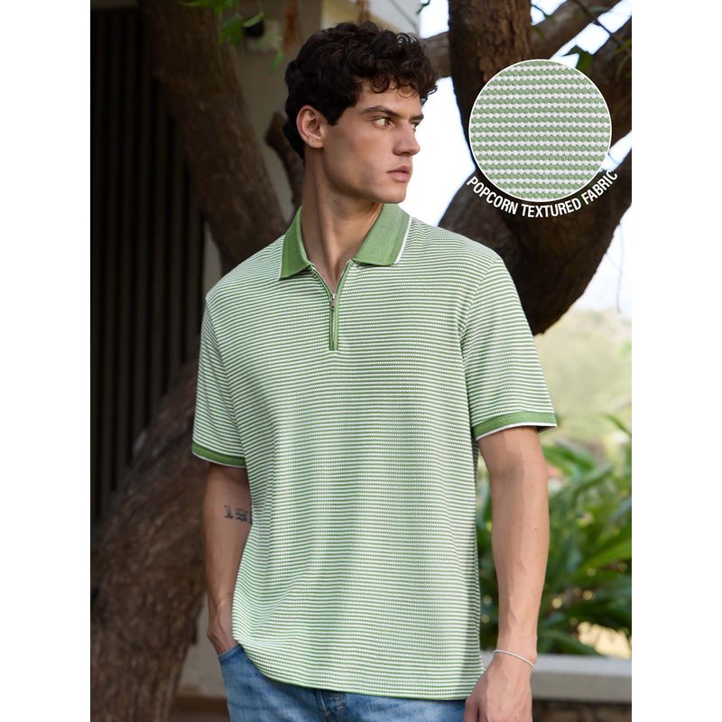 Buy The Souled Store Men Soft Basil Green Textured Zipper Polo T