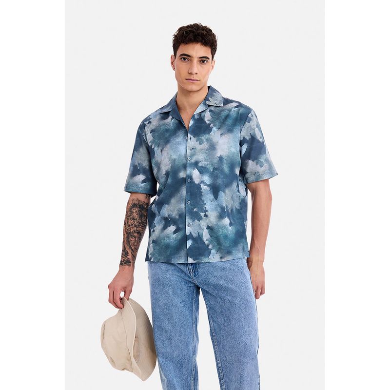 Snitch Men Blue Abstract Printed Half Sleeves Boxy Fit Shirt (S)