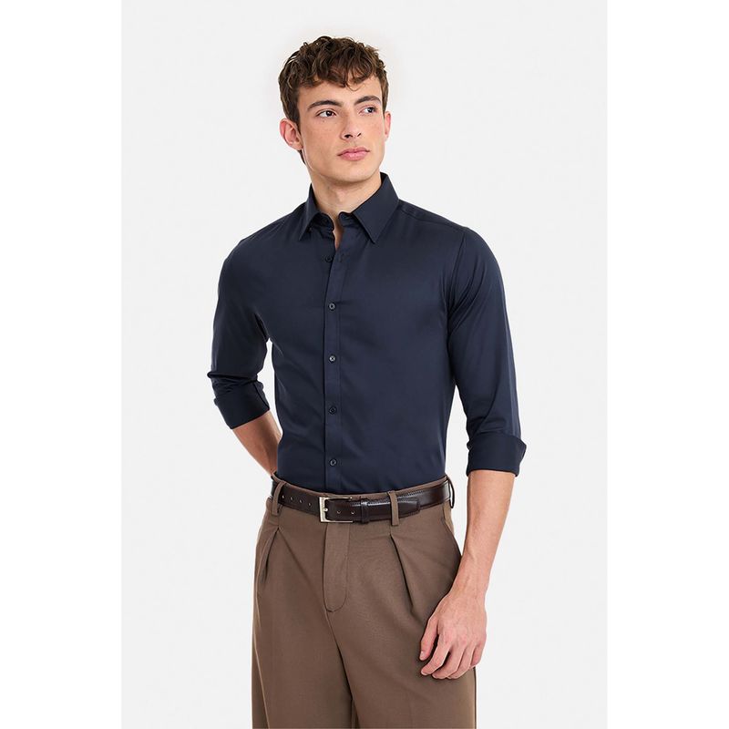 Snitch Men Navy Blue Solid Full Sleeves Slim Formal Shirt (XS)