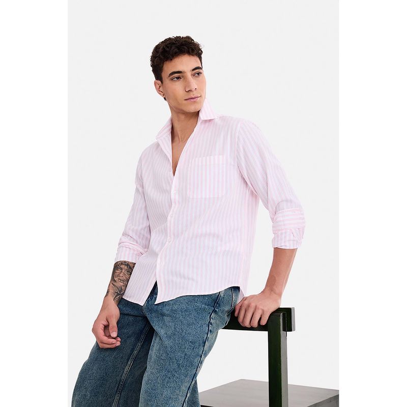 Snitch Men Light Pink Stripes Full Sleeves Regular Fit Casual Shirt (2XL)