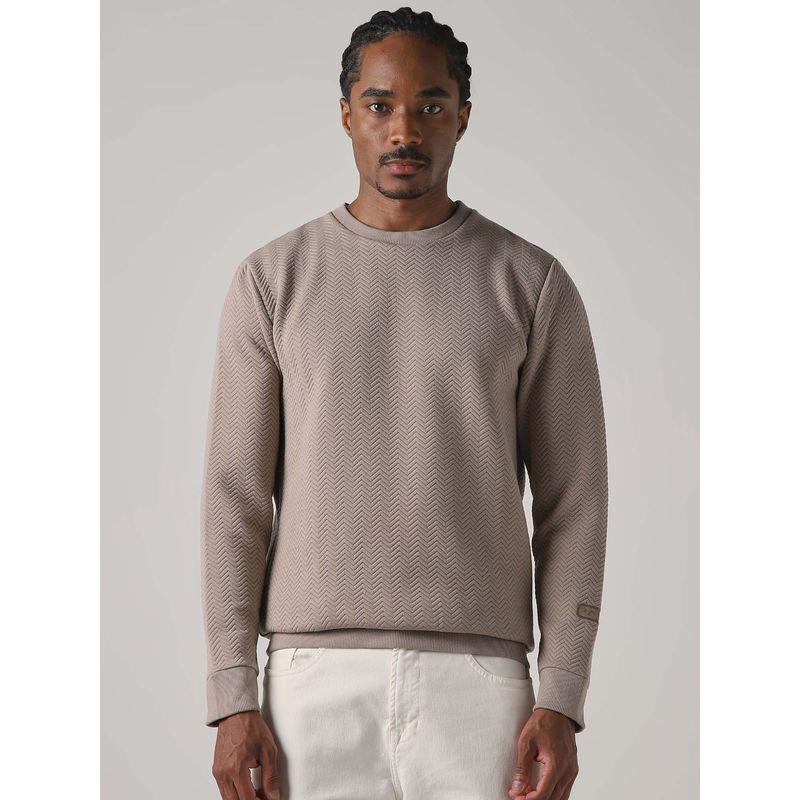 Mufti Men Taupe Textured Full Sleeves Sweatshirt (2XL)