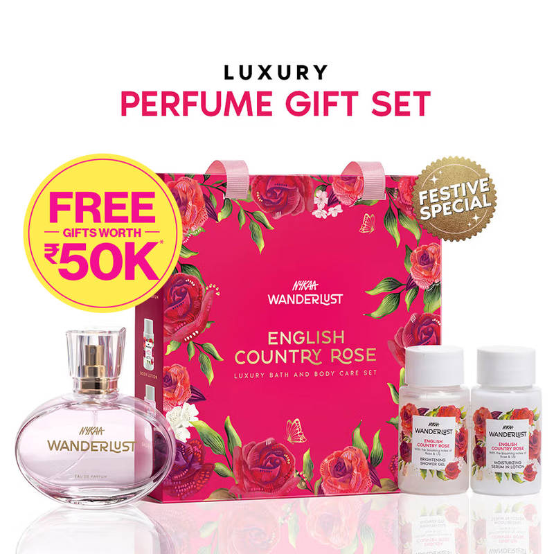 Nykaa Wanderlust English Country Rose Perfume Gift Set for Women - Shower Gel, Lotion, EDP