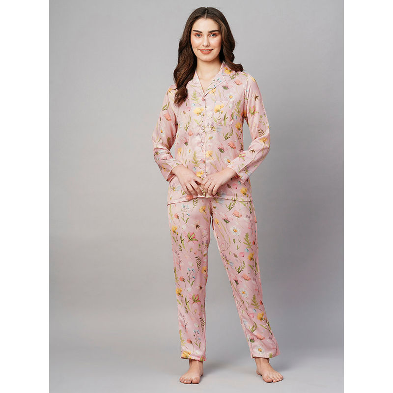 Drape In Vogue Women's Pink Floral Print Night Suit (Set of 2) (M)