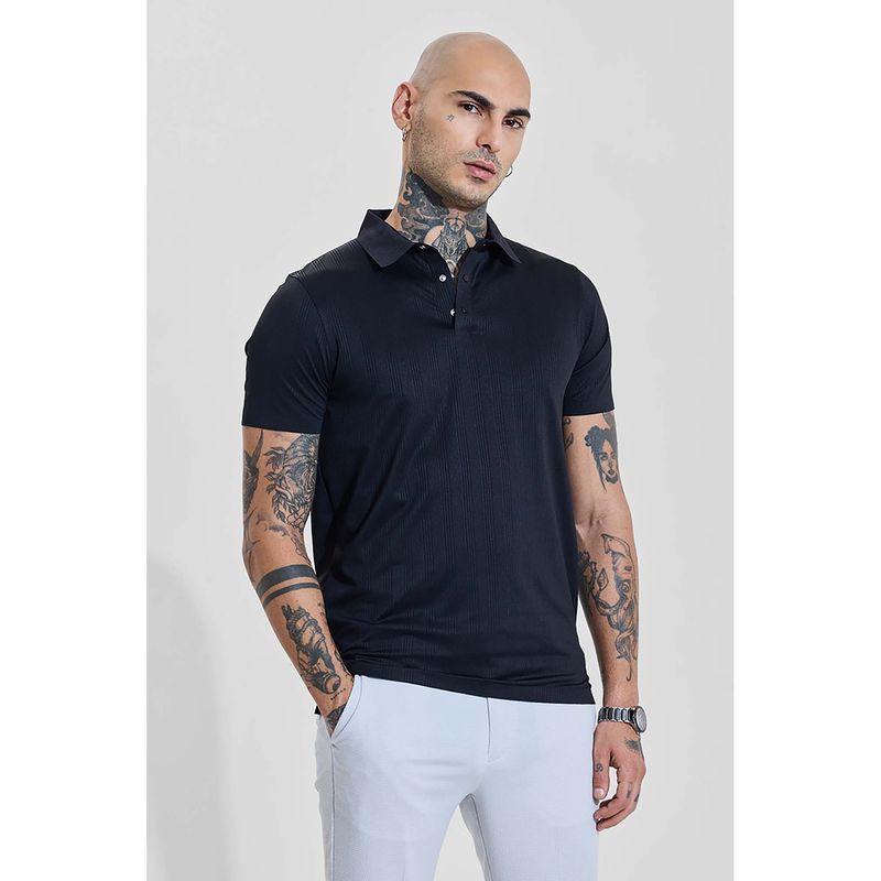 Snitch Men Black Textured Polo T-Shirt (L)