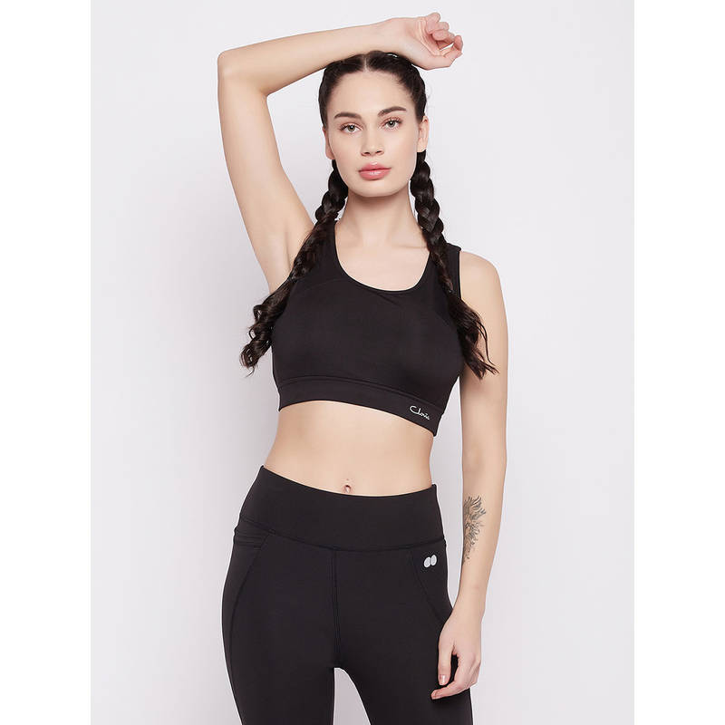 Clovia Polyester Spandex Solid Padded Full Cup Wire Free Sports Bra - Black (S)